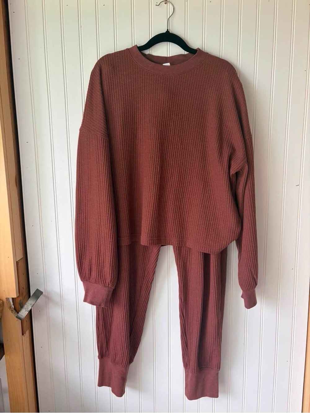 Old Navy waffle knit crewneck and jogger pj loungewear Set in Rust Brown